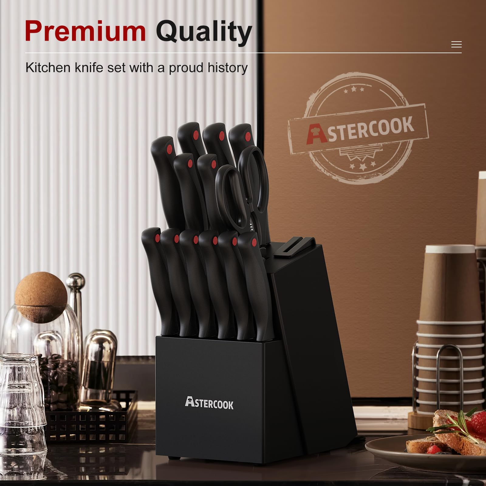 Astercook Kitchen Knife Set, 15 Pieces knives Set with Built-in Sharpener, High Carbon German Stainless Steel Chef Knife Block Sets, Sharp & Rust Resistant Dishwasher Safe Black