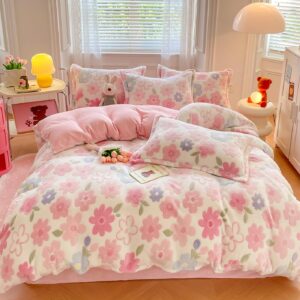 kasbluel bedding sets, pink rabbit duvet cover aesthetic comforter covers ultra fluffy blanket soft cute kawaii bed set for toddler teen kids girls women (pink flowers, twin)