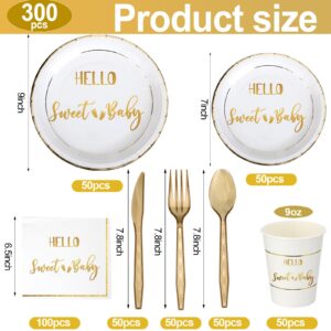 Yungyan 400 Pcs Baby Shower Dinnerware for 50 Guest Baby Shower Paper Plate Napkin Set Baby Shower Plate Napkins Cup Footprint Disposable Knives Fork Spoon Gender Reveal(Gold,Classic)