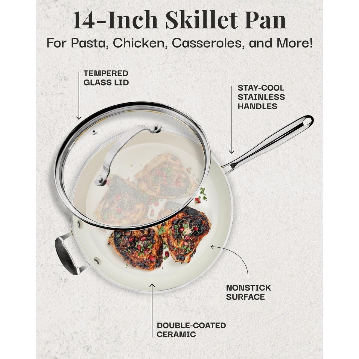 GOTHAM STEEL 14 Inch Non Stick Frying Pans Nonstick Frying Pan, Large Nonstick Pan, Cooking Pan, Nonstick Skillet, Non Stick Pan, 100% PFOA Free Ceramic Pan for Cooking, Dishwasher Safe, Cream White