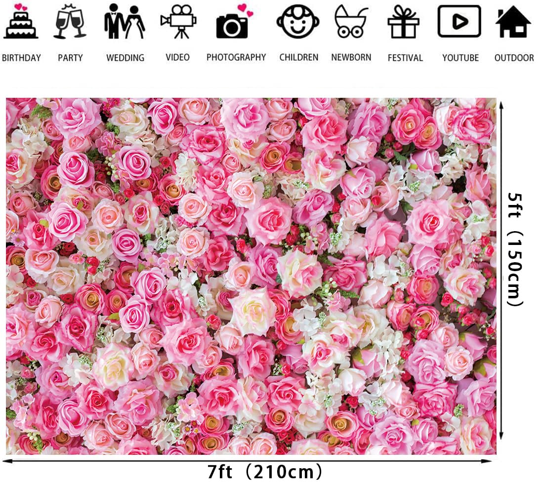 Pink Floral Backdrop Flower Wall Photography Background Valentine's Day Decorations for Bridal Shower Wedding Baby Shower Birthday Cake Table Supplies Banner (7X5FT(82x59inch))