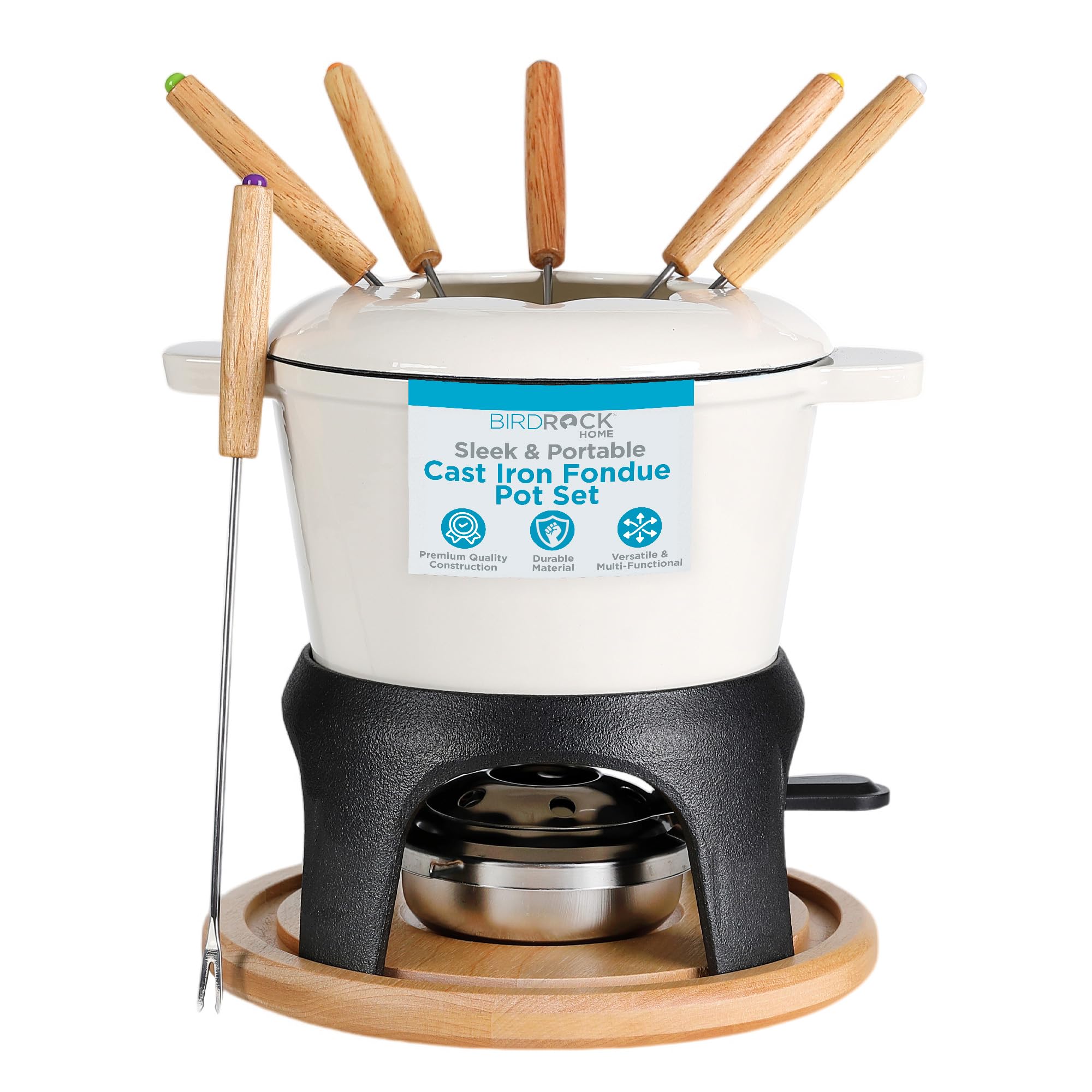 BIRDROCK HOME Cast Iron Fondue Pot Set | 8 Fondue Forks, Chrome Safety Burner | Chocolate, Cheese, Melting, Dip Warmer, Mini Fountain, Covered Strawberries | Wedding Gifts, Hosting Essentials | Cream