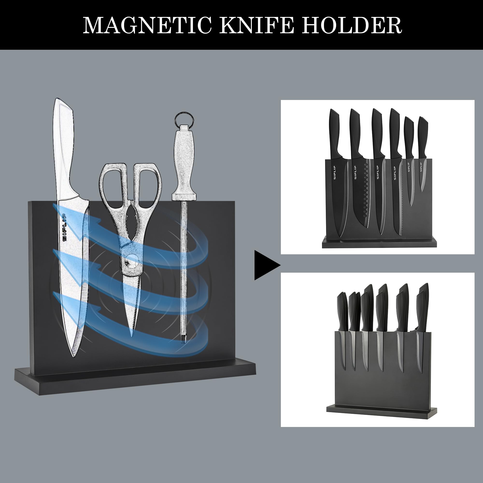 SipLip Kitchen knife set with Magnetic knife holder, 15 pieces high carbon stainless steel sharp kitchen knife set including chef's knife, bread knife, serrated steak knife set, knife sharpener