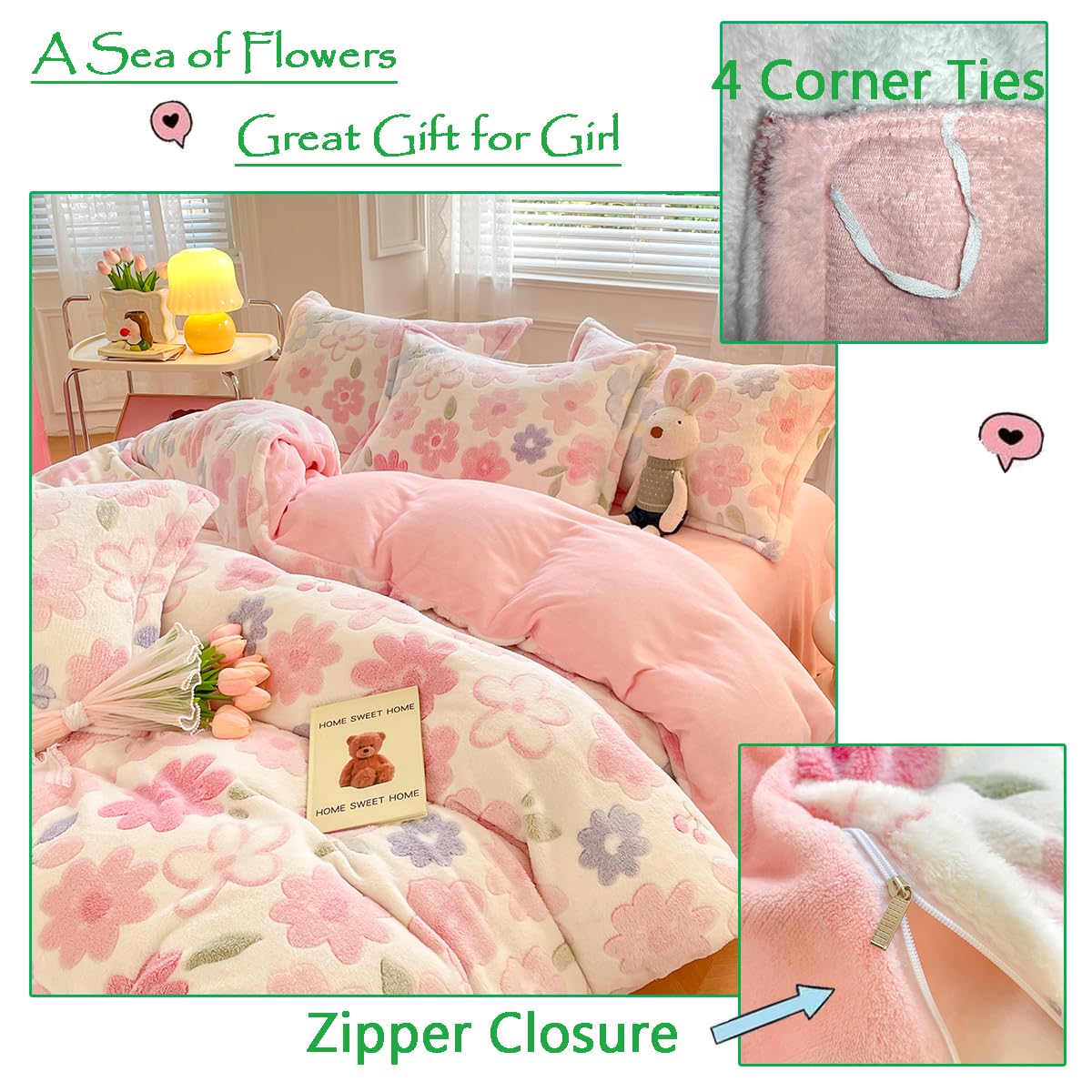 KASBLUEL Bedding Sets, Pink Rabbit Duvet Cover Aesthetic Comforter Covers Ultra Fluffy Blanket Soft Cute Kawaii Bed Set for Toddler Teen Kids Girls Women (Pink Flowers, Twin)