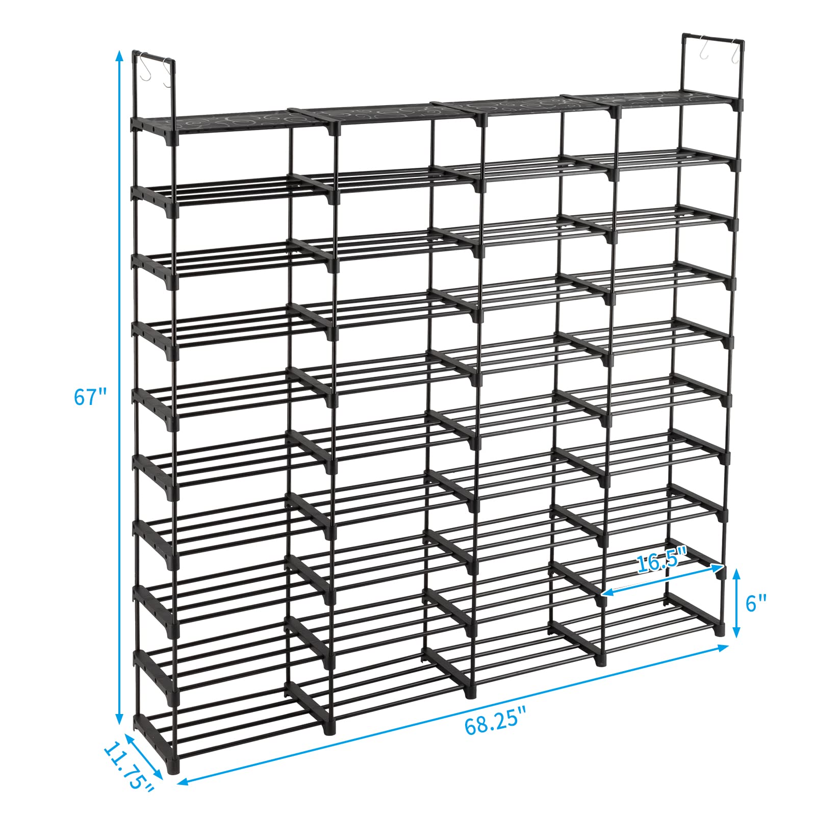 10-Tier Tall Shoe Rack - Free Standing Shoe Shelf Organizer - Large Metal Closet Organizers and Storage Shelves - Stackable Shoe Stand with Hooks for Bedroom Entryway - Holds 80 Pairs of Shoes - Black