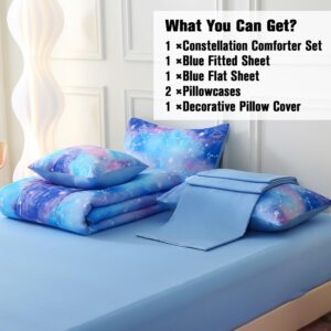 JQinHome Twin Gradient Galaxy Comforter Set for Girls,6 Piece Bed in A Bag 3D Colorful Tie Dye Constellation Print Ombre Bedding Set with Sheets(Blue)