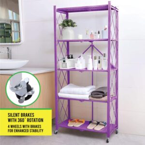 Letusto Foldable Collapsible Shelf with Wheels & Breaks - Folding Shelf Heavy Duty Metal Frame Pantry Shelving Unit - Origami Bookcase - No Assembly Bookshelf (Purple, 5 Tier)