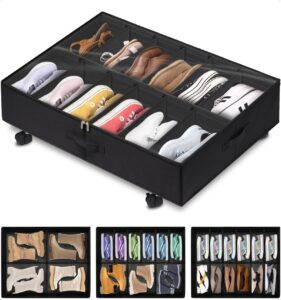 punemi under bed shoe storage organizer with wheel & adjustable dividers, underbed shoes boot closet storage solution containers - side & bottom support & 3 handles, up to 12 shoes, 29.5"x23.6"x7.9"