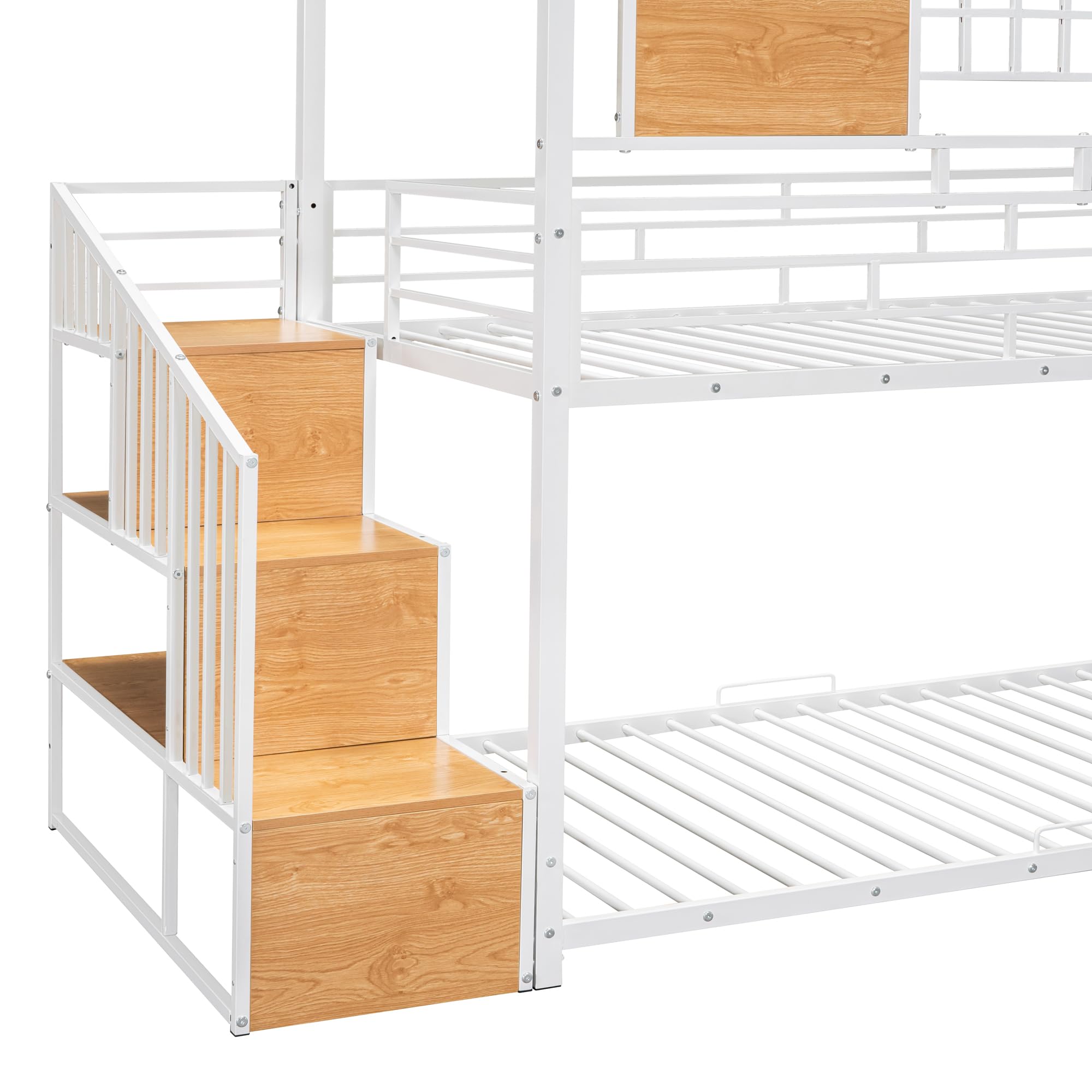 Harper & Bright Designs Metal Twin Over Twin Bunk Beds with Slide, House Bunk Bed with Storage Stairs, Kids Bunk Beds with Roof and Guardrails for Girls Boys Teens, White+White Slide