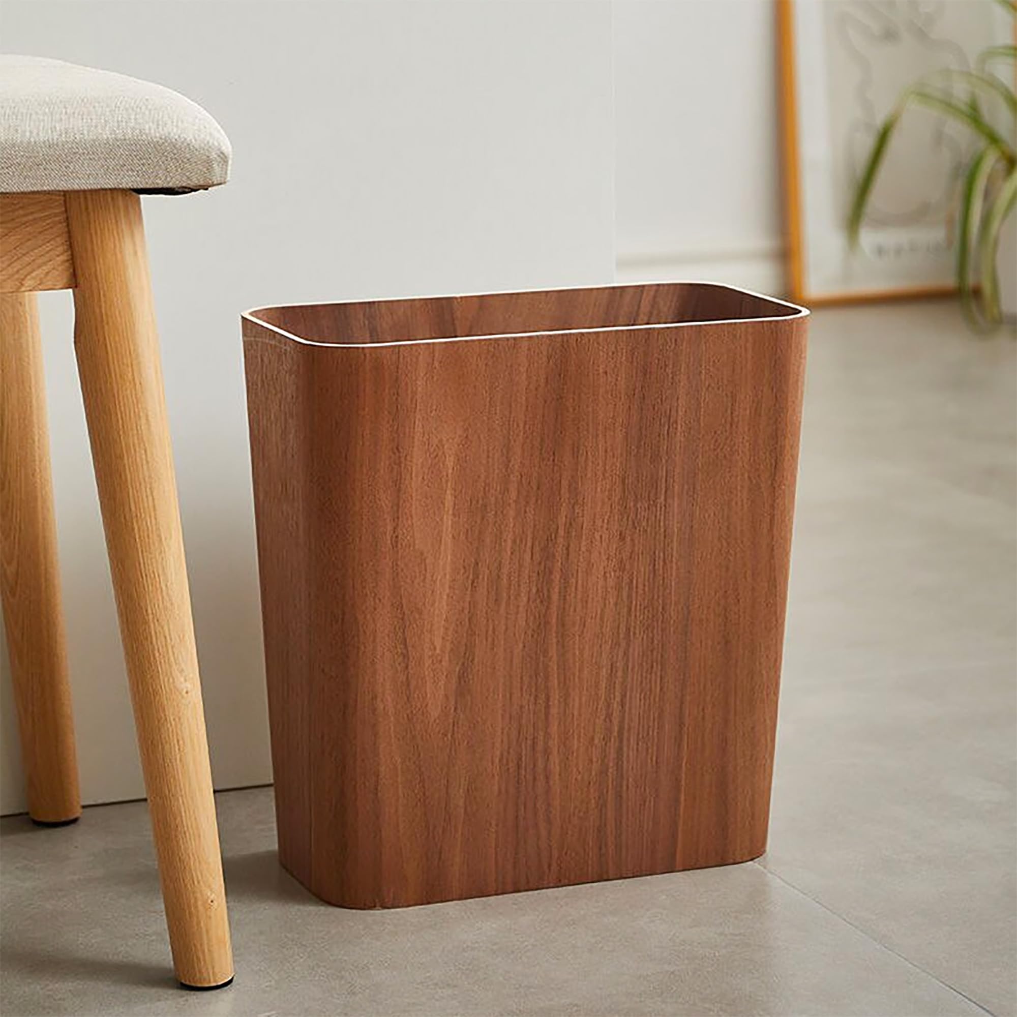 Purelite Modern Wood Trash Can for Bathroom, Bedroom, Dorm and Laundry Room | Small Office Waste Basket for Desk | Narrow and Slim Garbage Bin for Tight Space (Dark Wood)