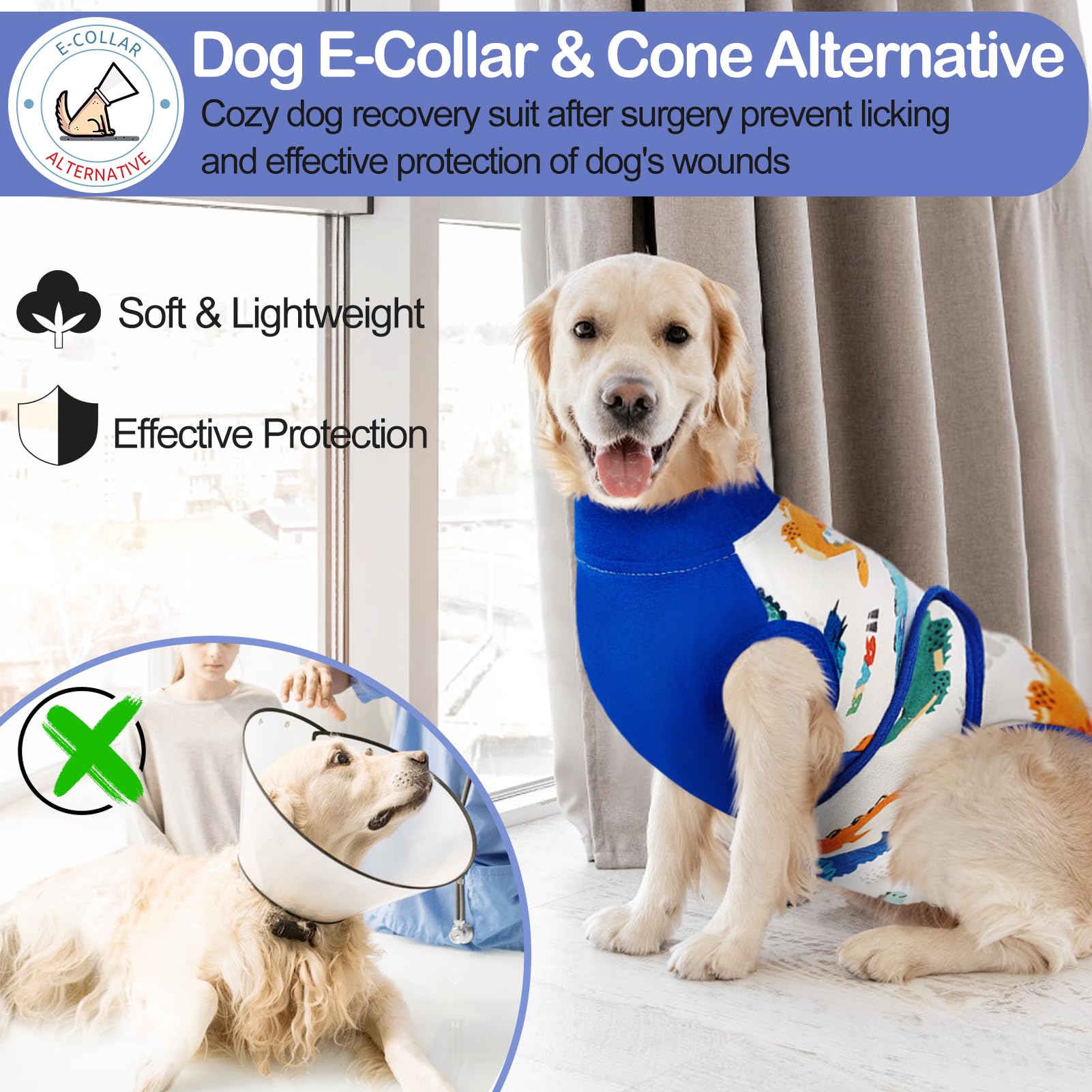 KOESON Recovery Suit for Dogs, Soft Dog Surgery Recovery Suit Female Male Anti Licking, Dinosaur Suitical Recovery Suit for Dogs After Surgery Dog Spay Recovery Suit with Pee Hole Blue L