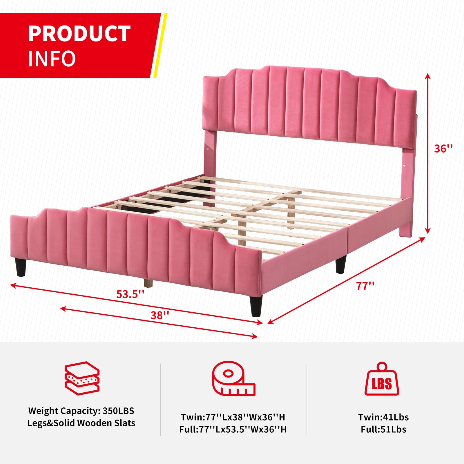 PUREMIND Twin Size Kids Bed Frame with Headboard, Children Bedroom Bed Frame, Upholstered Bed Platform with Slat Support, No Box Spring Needed, Pink Bed Frame for Girls-Princess Twin