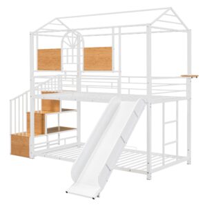 Harper & Bright Designs Metal Twin Over Twin Bunk Beds with Slide, House Bunk Bed with Storage Stairs, Kids Bunk Beds with Roof and Guardrails for Girls Boys Teens, White+White Slide