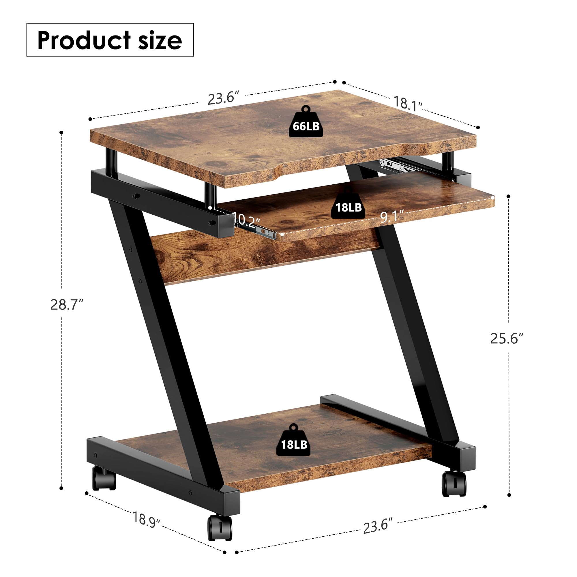 sogesfurniture Small Mobile Computer Desk with Keyboard Tray, Z-Shaped Compact Study Table, Rolling Workstation for Home and Office with Printer Shelf, Keyboard Drawers, Rustic Brown