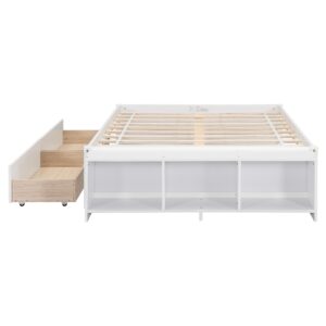 Harper & Bright Designs Full Size Platform Bed with 2 Storage Drawers, Wood Full Size Bed Frame with Storage Case, Full Storage Bed with Wood Slats Support for Bedroom, No Box Spring Needed, White