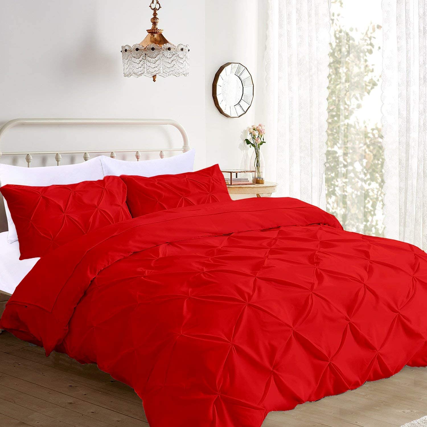 Oversized King Size Pinch Pleated Duvet Cover Set Red 600 TC Zipper Closure Egyptian Cotton 1 Piece Duvet Cover Pintuck Beddding Sets