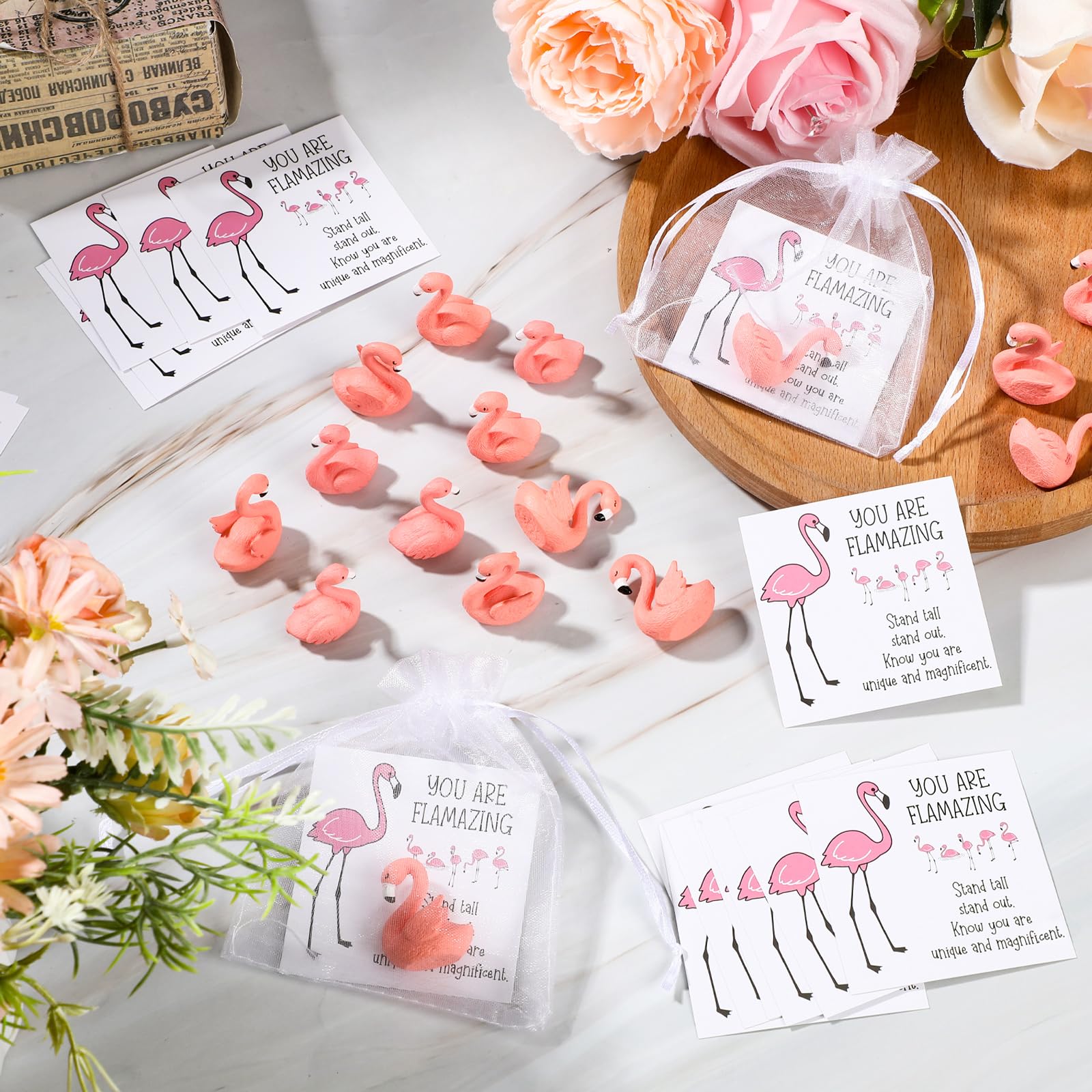 Poen 300 Pcs Employee Appreciation Gifts Flamingo Party Favors Inspirational Gift Include 100 Mini Flamingos Figurine 100 Motivation Cards 100 Organza Bags for Coworker Staff Christmas Thanksgiving