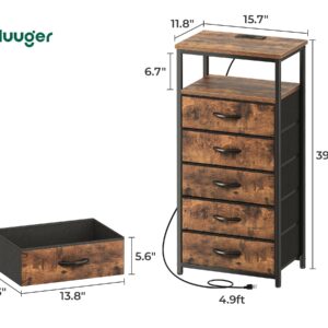 Huuger 5 Drawers Dresser with Charging Station, Dresser for Bedroom, Tall Night Stand, Chest of Drawers with Open Shelf, Bedside Table Nightstand, Fabric Dresser, for Entryway, Rustic Brown