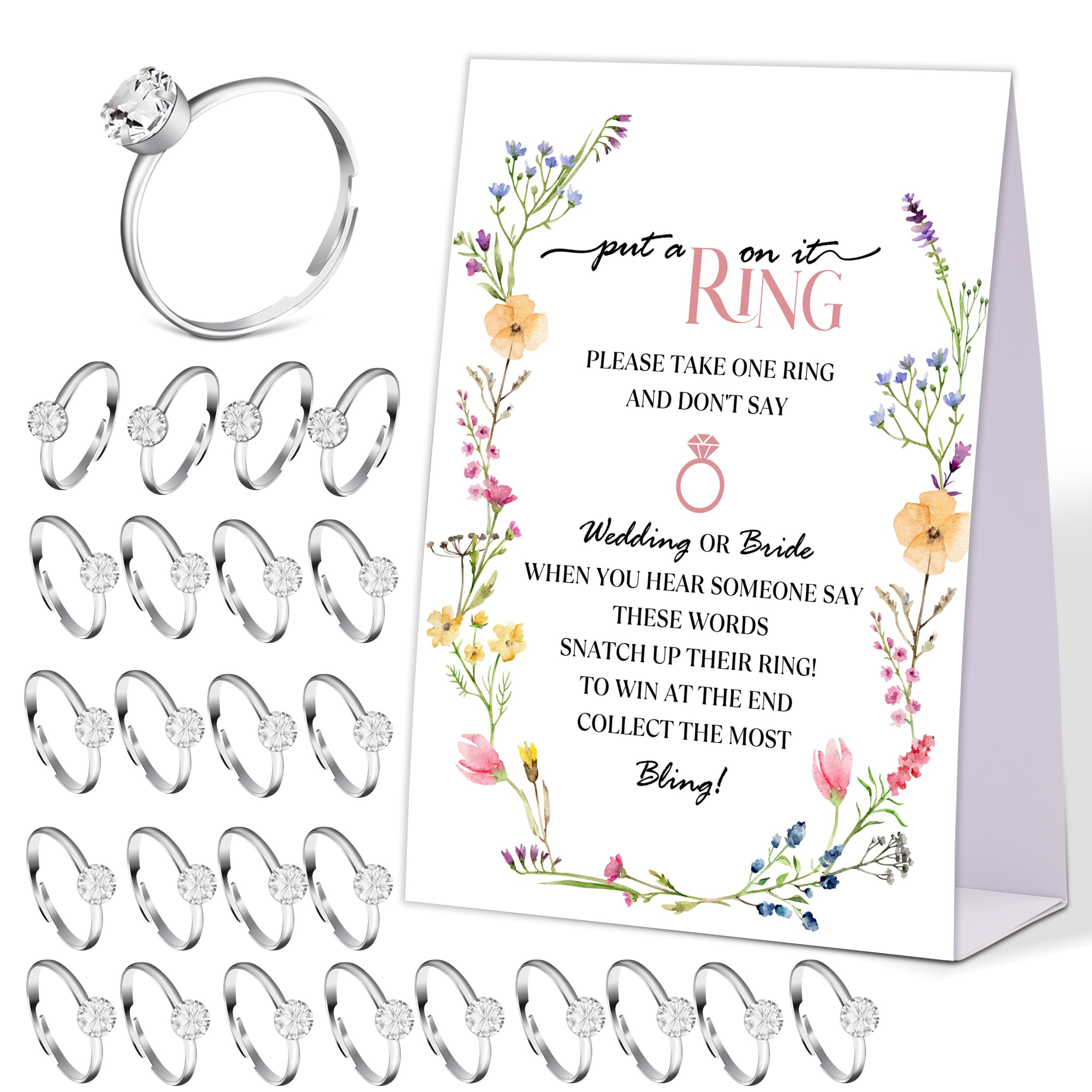 Boho Wildflowers Don't say Bride or Wedding Game, Put a Ring on It Bridal Shower Game with 50 Fake Rings, Bridal Shower Decorations, Wedding Shower or Bachelorette Party Supplies - 11