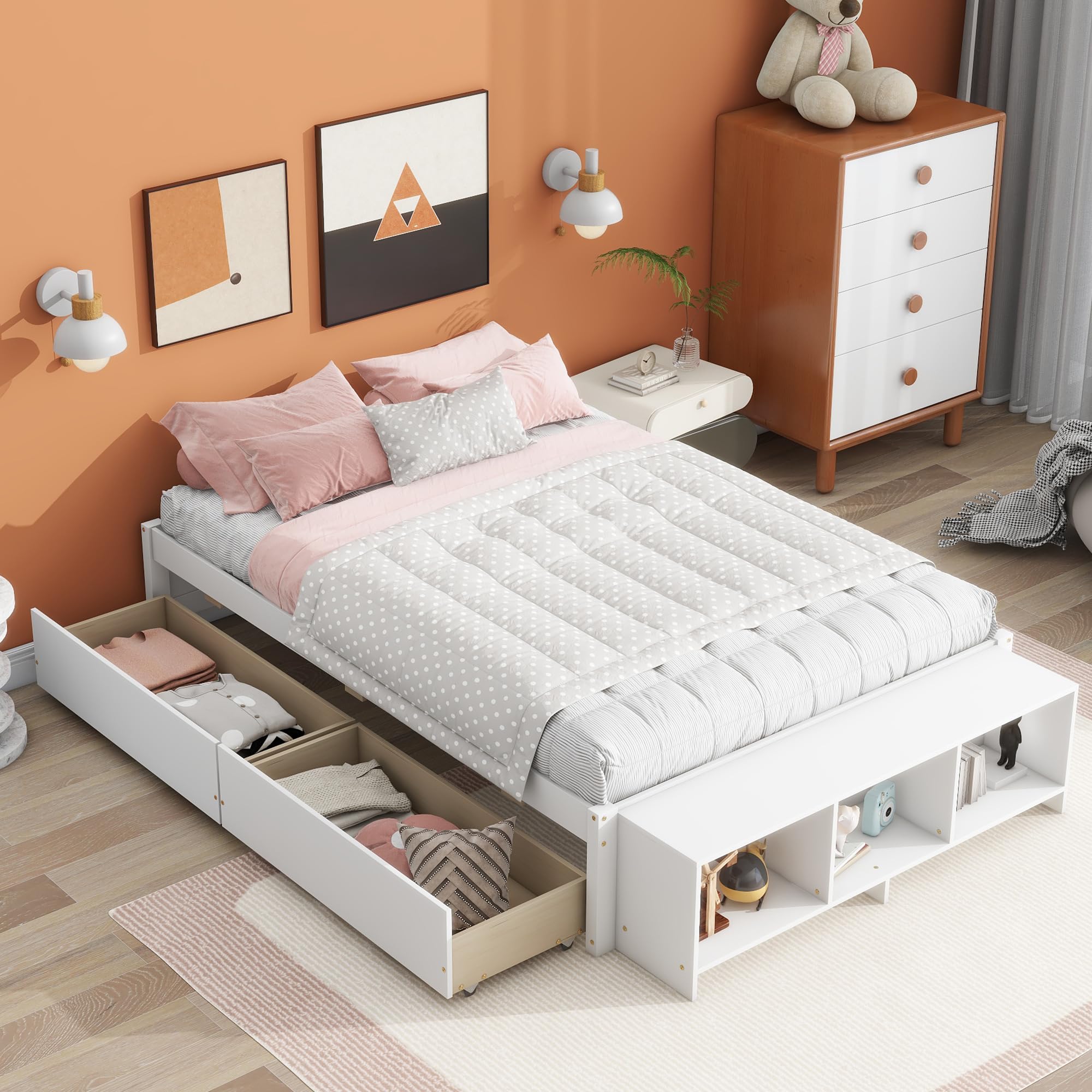 Harper & Bright Designs Full Size Platform Bed with 2 Storage Drawers, Wood Full Size Bed Frame with Storage Case, Full Storage Bed with Wood Slats Support for Bedroom, No Box Spring Needed, White