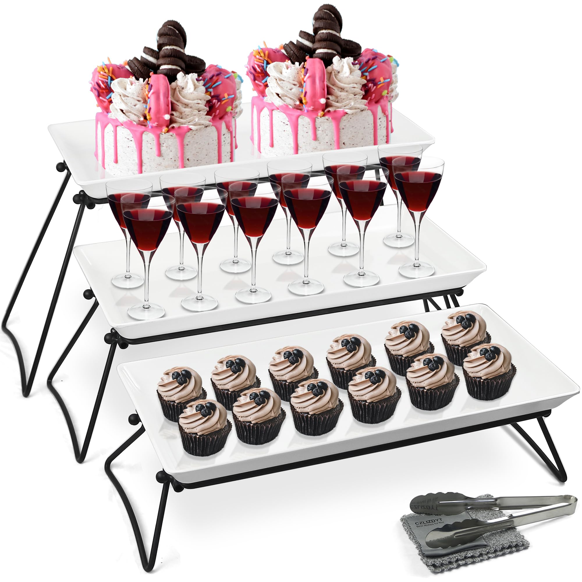 Czlizdyt Extra Large 3 Tier Serving Tray Set, 24x22x9.7 inch Cupcake Fruit Cookie Dessert Table Display Stands Melamine Tiered Serving Platters Food Trays for Party Buffet Entertaining, White