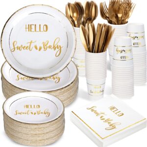 yungyan 400 pcs baby shower dinnerware for 50 guest baby shower paper plate napkin set baby shower plate napkins cup footprint disposable knives fork spoon gender reveal(gold,classic)