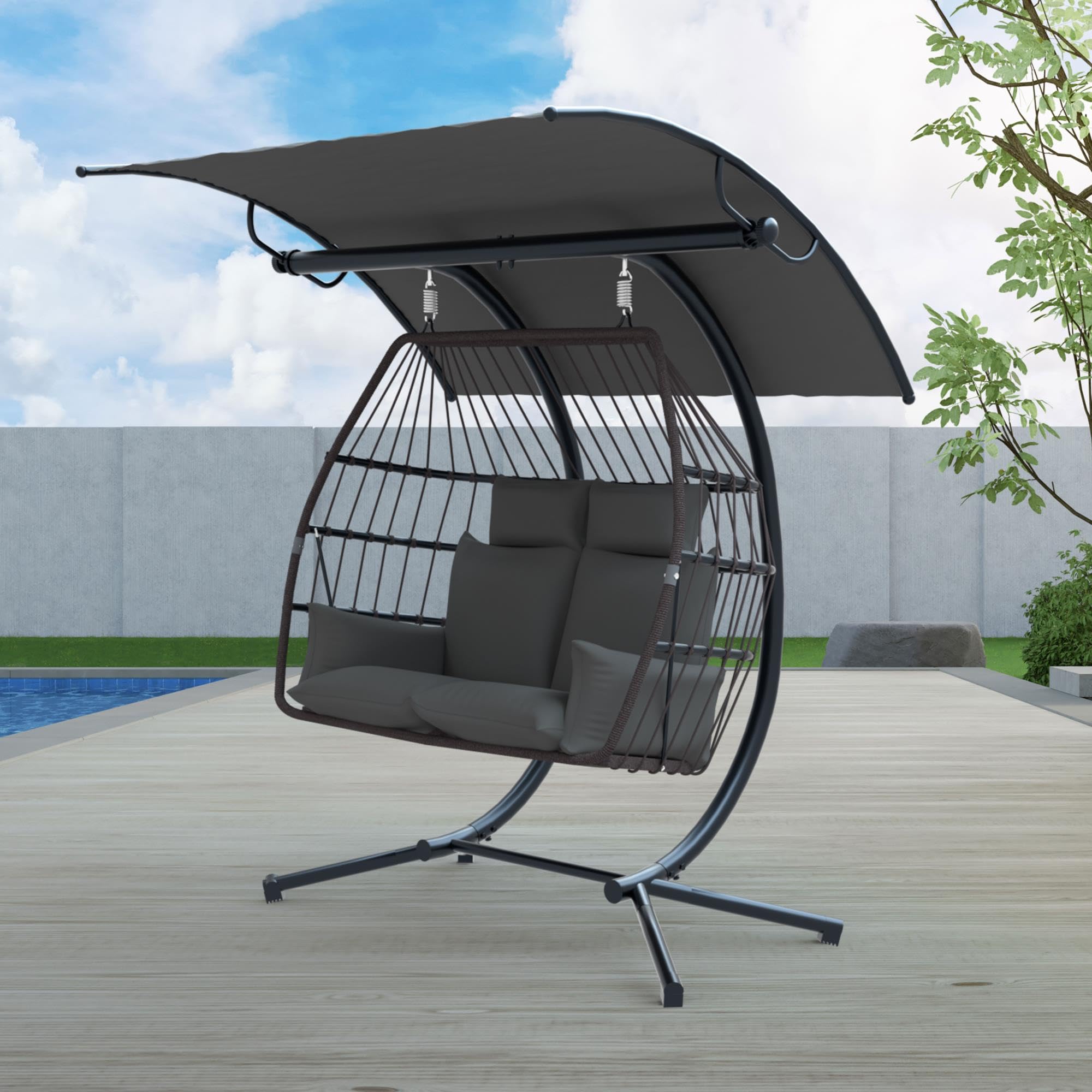 MUPATER 2 Person Hanging Egg Chair, Outdoor Swing Chair, Double Egg Chair with Metal Stand and Cushion, Porch Swing for Patio Indoor Outdoor Balcony Bedroom