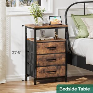 Huuger Nightstand with Charging Station, 27.6 Inch Bedside Table with Fabric Drawers, End Table Side Table with USB Ports and Outlets, Night Stand for Bedroom, Rustic Brown