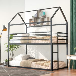 lostcat twin over twin metal bunk bed, house low bunk bed frame w/safety guardrail & ladder, no box spring needed, seasy to install, for kids, teens, girls, boys, black