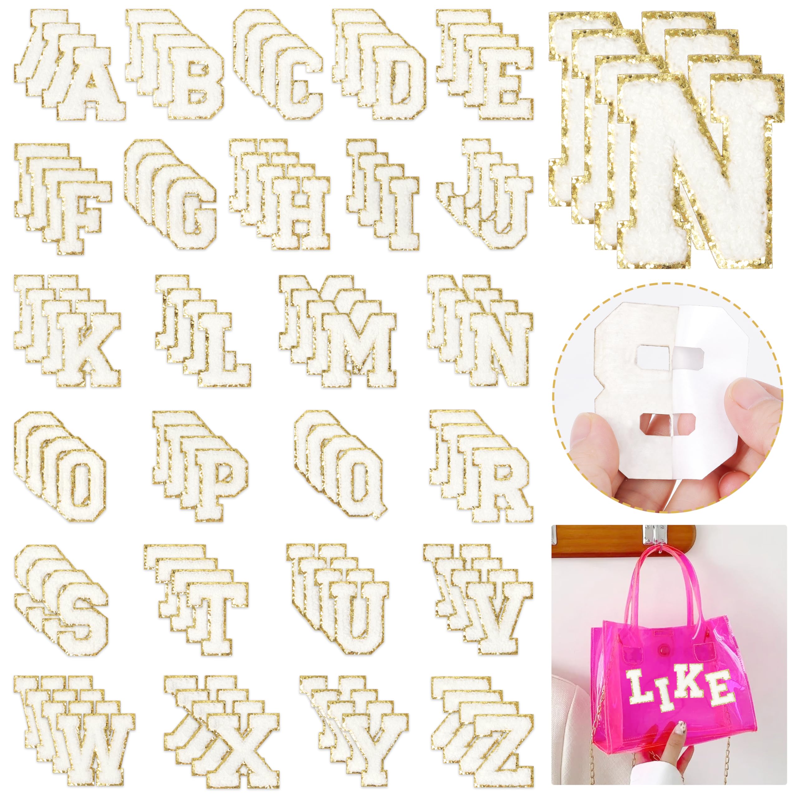 Self-Adhesive Chenille Letters Patches: NICEVINYL 104PCS White Iron on Preppy Letter Patches Stickers for Clothing Backpacks Embroidered Applique Initial Patch