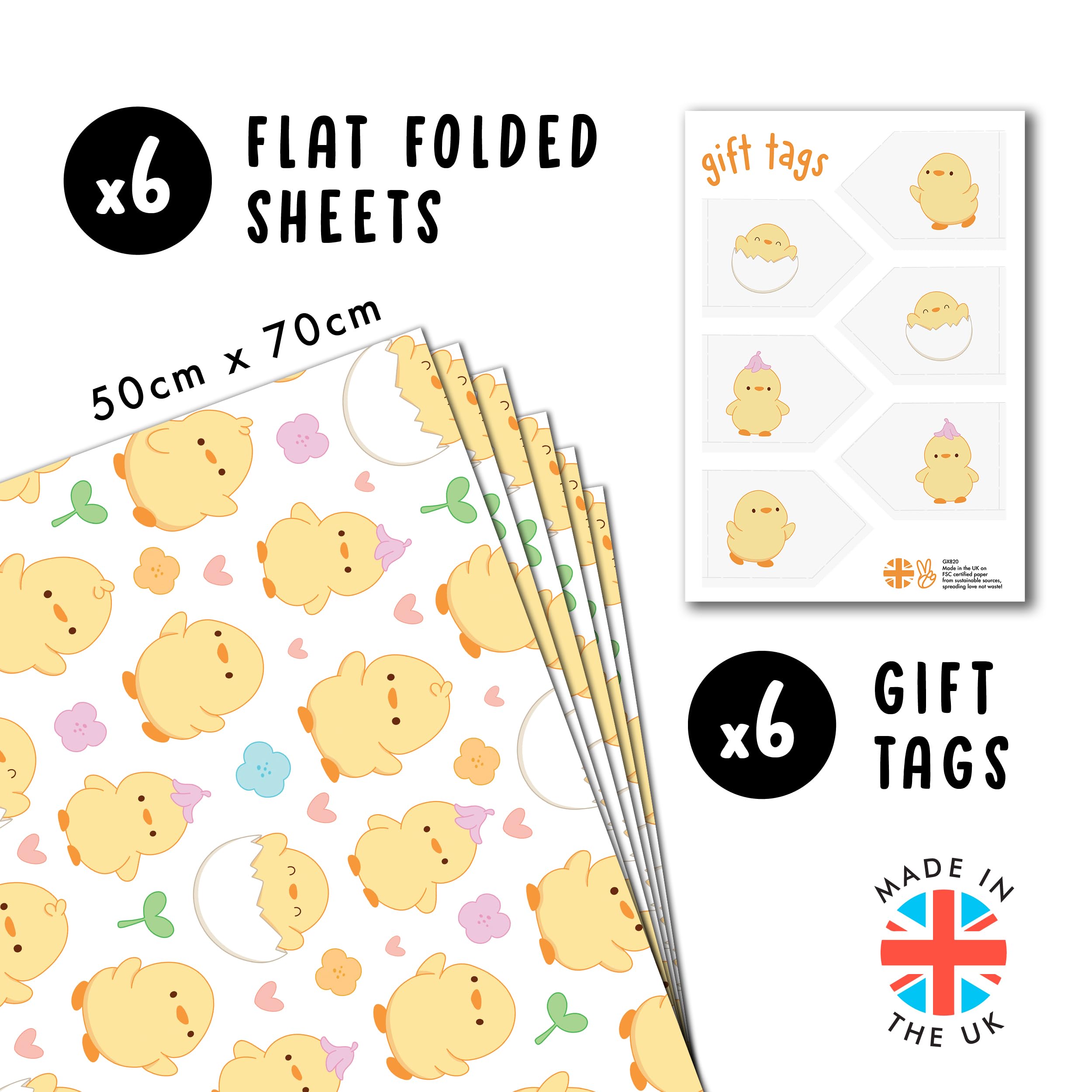 CENTRAL 23 Farm Animal Wrapping Paper - Cute Chicks - 6 Sheets of White Gift Wrap - Floral - For Birthday Baby Shower Baptism - Recyclable