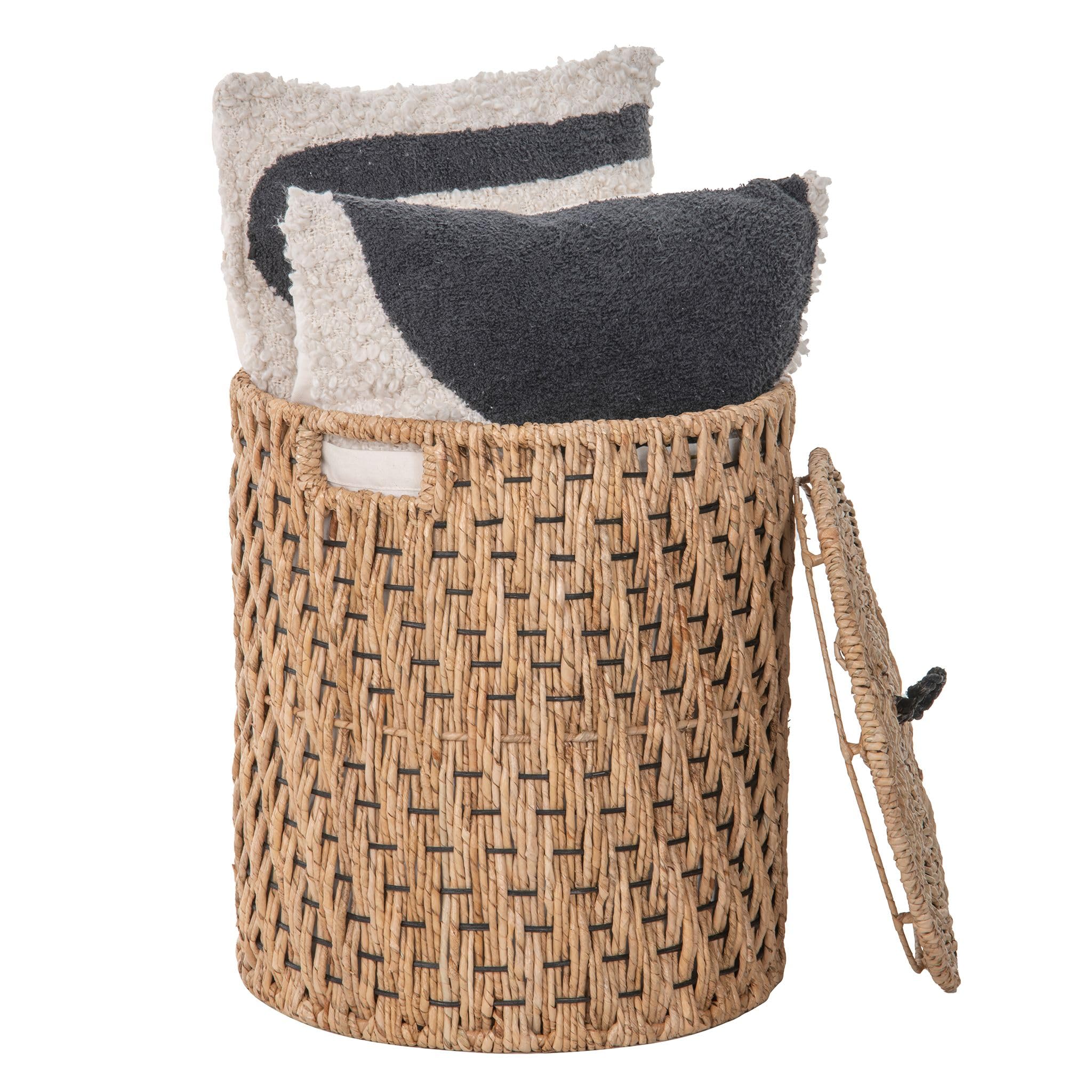 Round Sea Grass Laundry Basket with Removable Liner and Lid with Handle - Handwoven Seagrass in Coastal, Natural Decor Style - Seagrass Storage Bin for Your Home - 18 in. height - from Kouboo