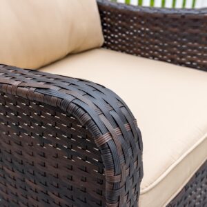 Gotland 3 Pieces Patio Swivel Rocker Wicker Chairs-Outdoor Swivel Rocking Chairs with 1 Rattan Coffee Table&2 Khaki Thickened Cushions Outdoor Furniture Conversation Sets