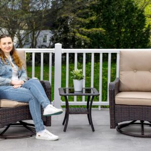 Gotland 3 Pieces Patio Swivel Rocker Wicker Chairs-Outdoor Swivel Rocking Chairs with 1 Rattan Coffee Table&2 Khaki Thickened Cushions Outdoor Furniture Conversation Sets