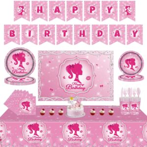 161CT Pink Girl Babe Happy Birthday Party Supplies Babe Head Paper Plates Cups Straw Napkins Spoon Fork knives Tablecloth Hot Pink Girl Party Decorations Tableware for 20 Guests for Bday Baby Shower