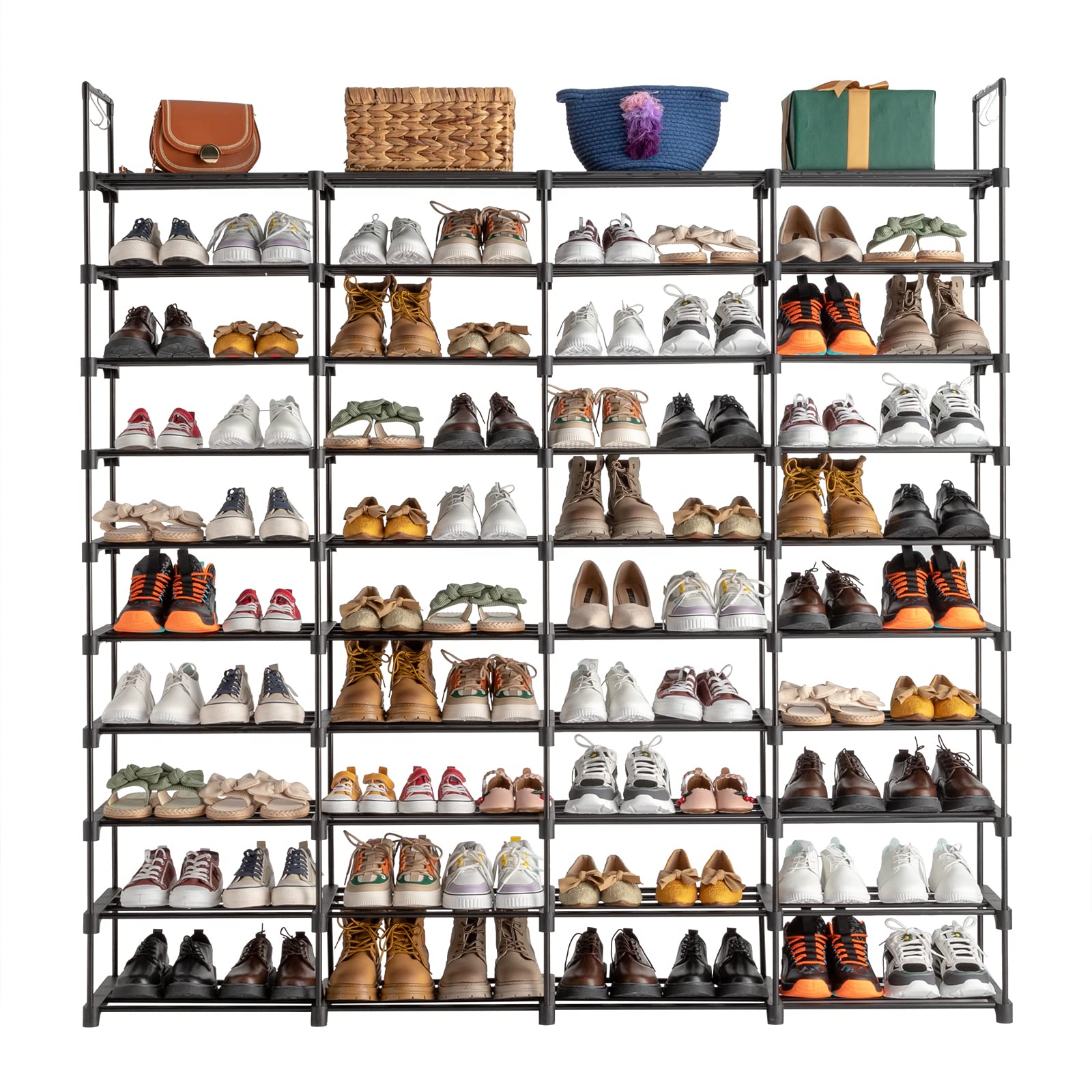 10-Tier Tall Shoe Rack - Free Standing Shoe Shelf Organizer - Large Metal Closet Organizers and Storage Shelves - Stackable Shoe Stand with Hooks for Bedroom Entryway - Holds 80 Pairs of Shoes - Black