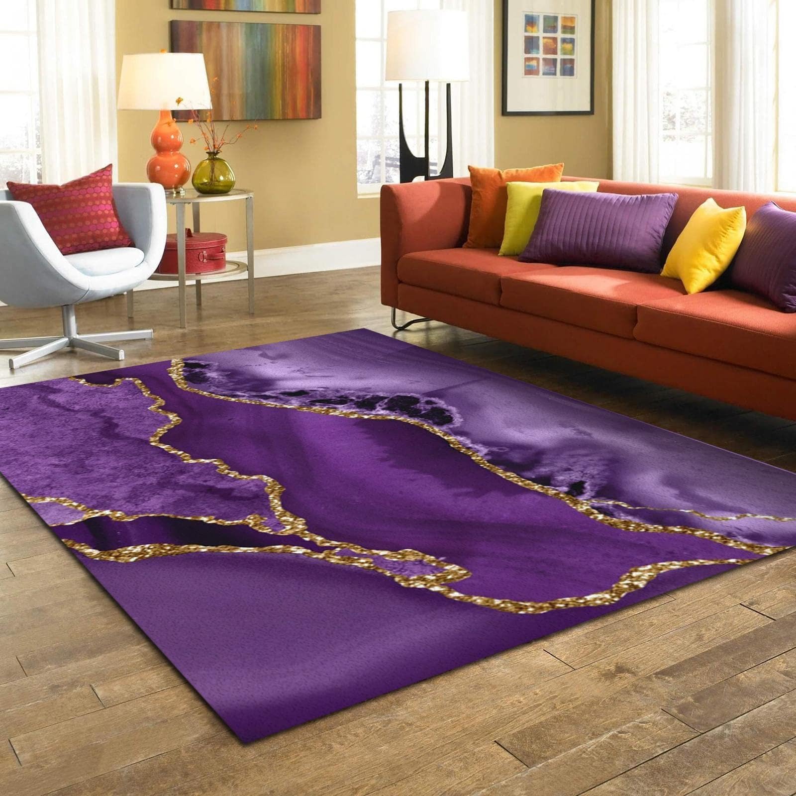 HEISEM Light Luxury Purple Gold Marble Texture Area Rugs, Modern Abstract Gold Stripe Art Kids Rug, for Room Sofa Living Room Mat Bedroom Home Decor Floor Mats,2 x 3ft