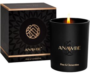 anawbe pine & clementine scented candle, scented candles for men, soy candles, invigorating pine candle for home, masculine black candles, 45-hour long-burning, a premium aromatherapy candle