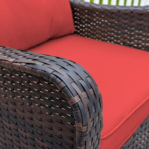 Gotland 3 Pieces Patio Swivel Rocker Wicker Chairs-Outdoor Swivel Rocking Chairs with 1 Rattan Coffee Table&2 Red Thickened Cushions Outdoor Furniture Conversation Sets for Patio Porch Garden