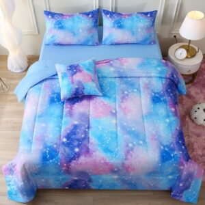 JQinHome Twin Gradient Galaxy Comforter Set for Girls,6 Piece Bed in A Bag 3D Colorful Tie Dye Constellation Print Ombre Bedding Set with Sheets(Blue)