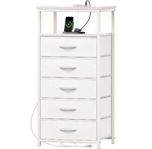 huuger 5 drawers dresser with charging station, dresser for bedroom, tall night stand, chest of drawers with pu leather finish, open shelf, bedside table nightstand, for entryway, white