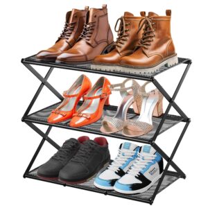 gtippor small shoe rack for entryway - 3 tier shoe organizer metal foldable shoes storage rack, zero tool install, sturdy shoe rack for closet, front door entrance, living room - space saving, black