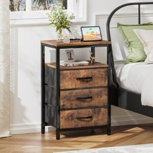 Huuger Nightstand with Charging Station, 27.6 Inch Bedside Table with Fabric Drawers, End Table Side Table with USB Ports and Outlets, Night Stand for Bedroom, Rustic Brown