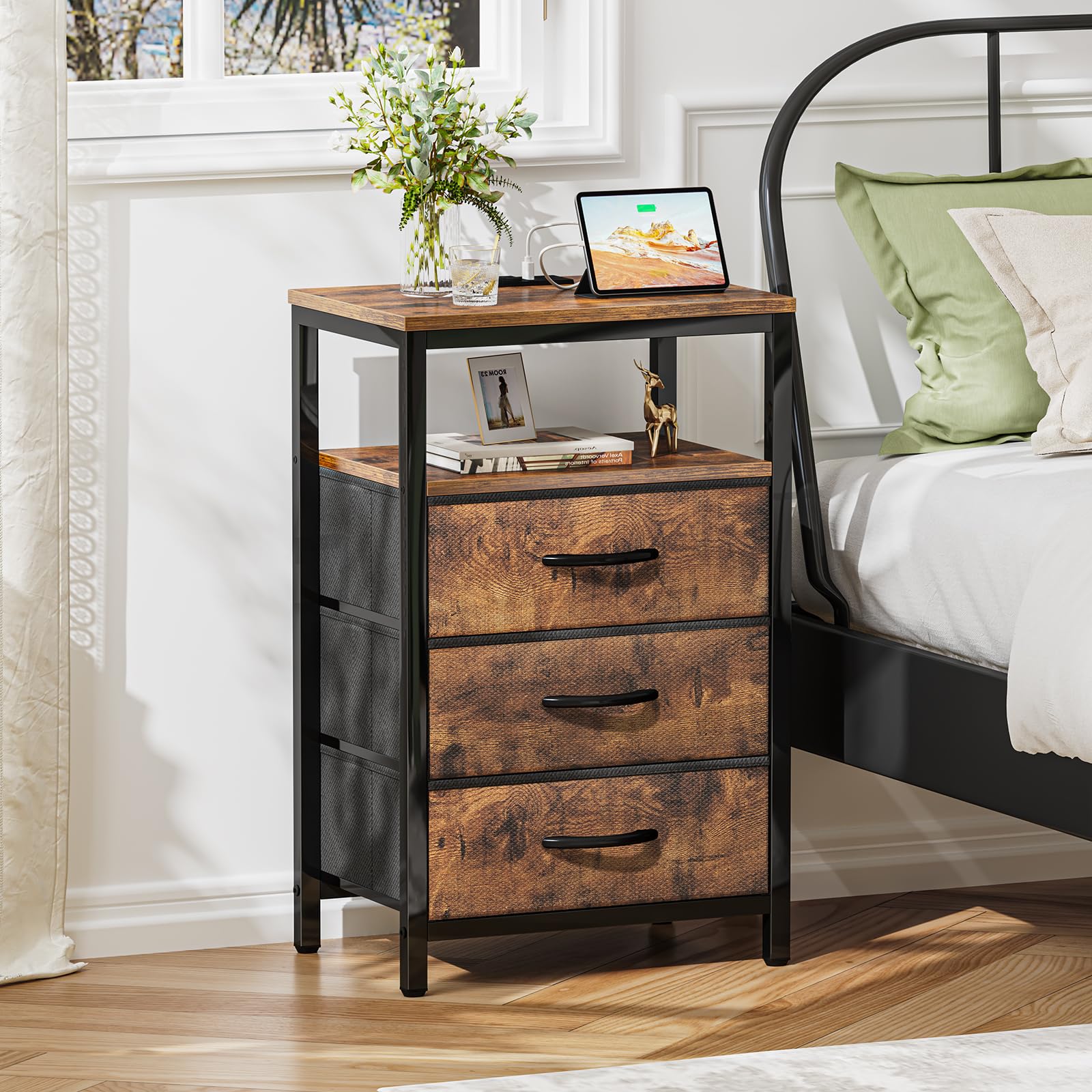 Huuger Nightstand with Charging Station, 27.6 Inch Bedside Table with Fabric Drawers, End Table Side Table with USB Ports and Outlets, Night Stand for Bedroom, Rustic Brown