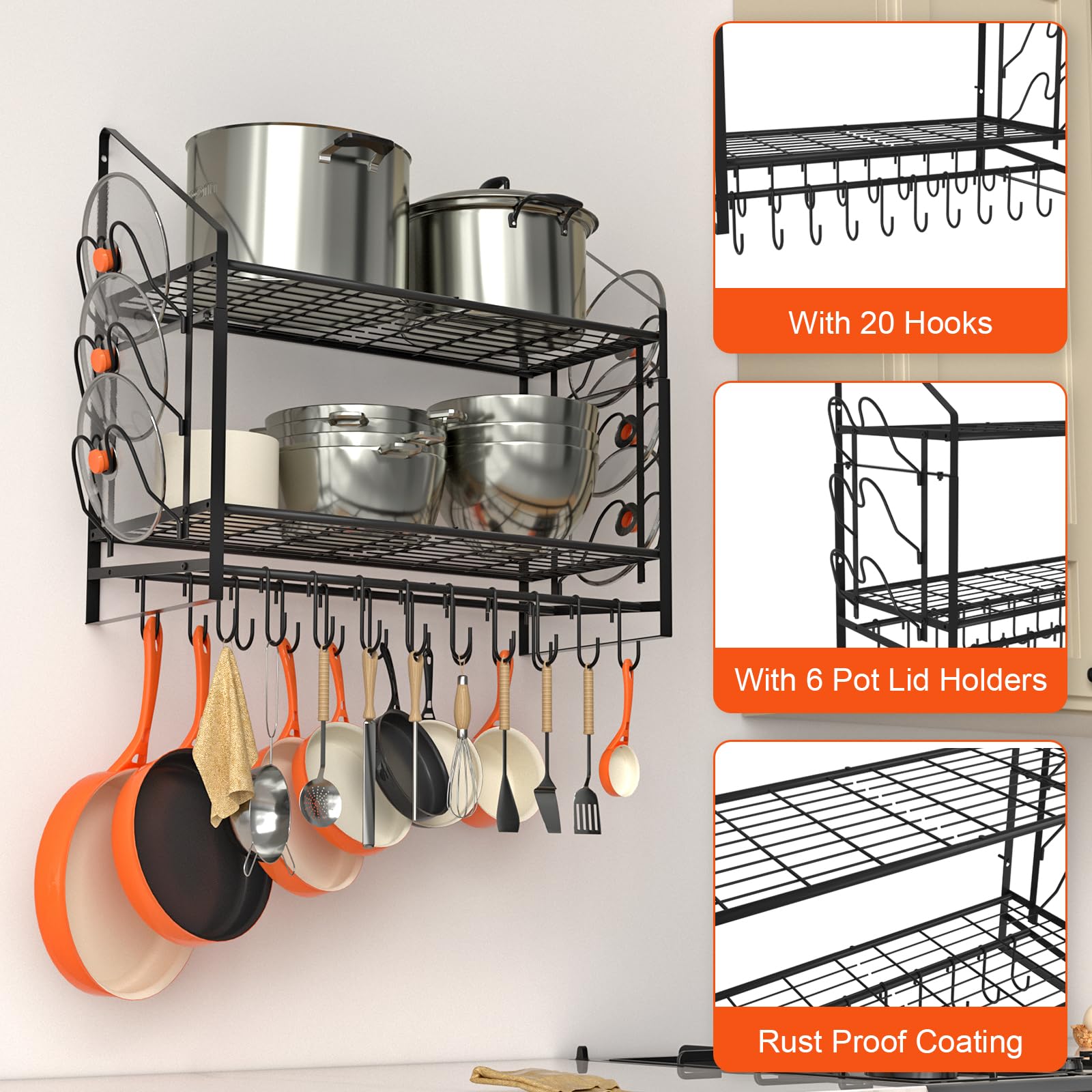 VyGrow 35 Inch Pot Rack Wall Mounted, 2 Tier Pots and Pans Organizer with 20 Hooks and 6 Pot Lid Holders, Heavy Duty Steel Pot and Pan Hanger for Kitchen Cookware Utensils Storage 34.7" Lx13 Wx26.4 H