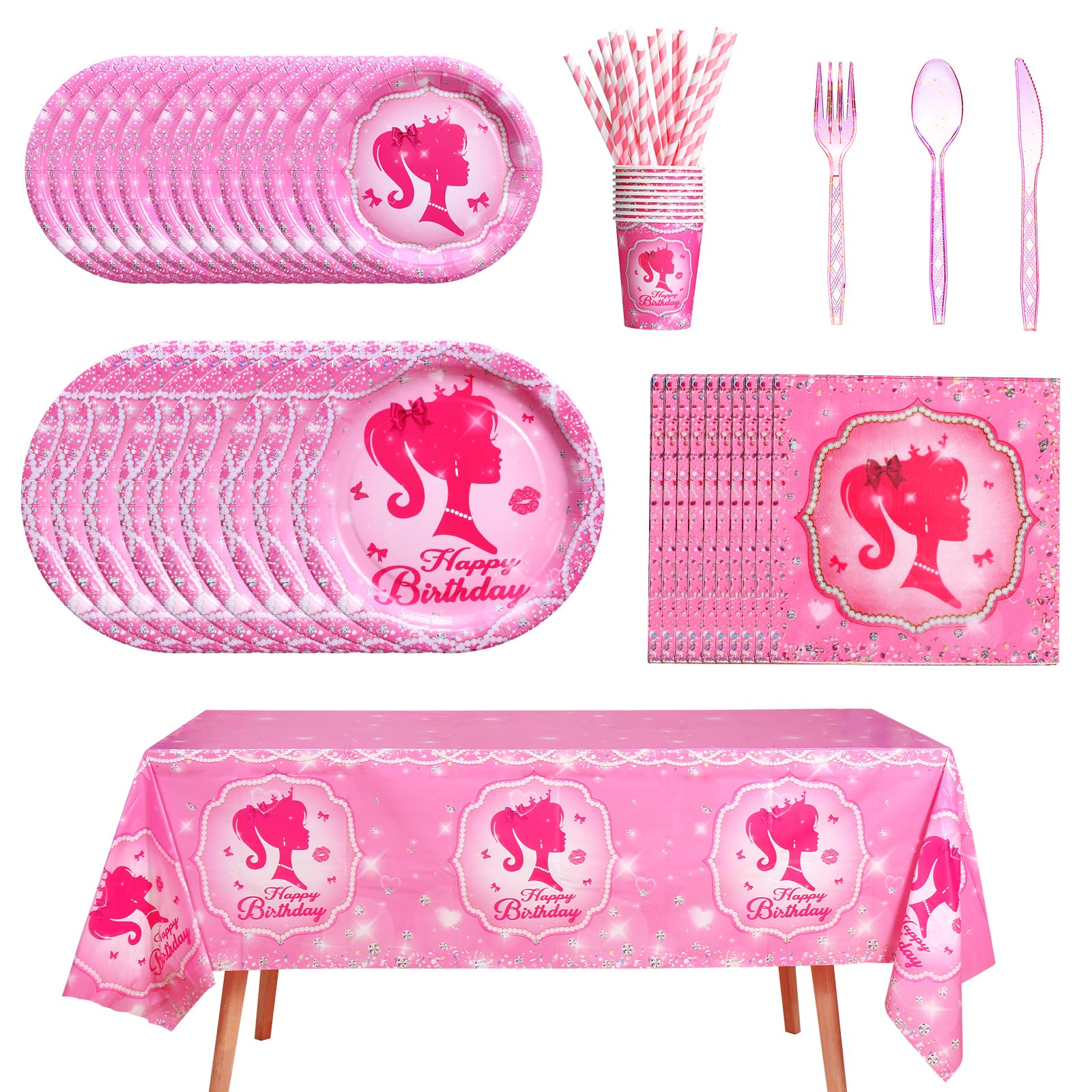 161CT Pink Girl Babe Happy Birthday Party Supplies Babe Head Paper Plates Cups Straw Napkins Spoon Fork knives Tablecloth Hot Pink Girl Party Decorations Tableware for 20 Guests for Bday Baby Shower