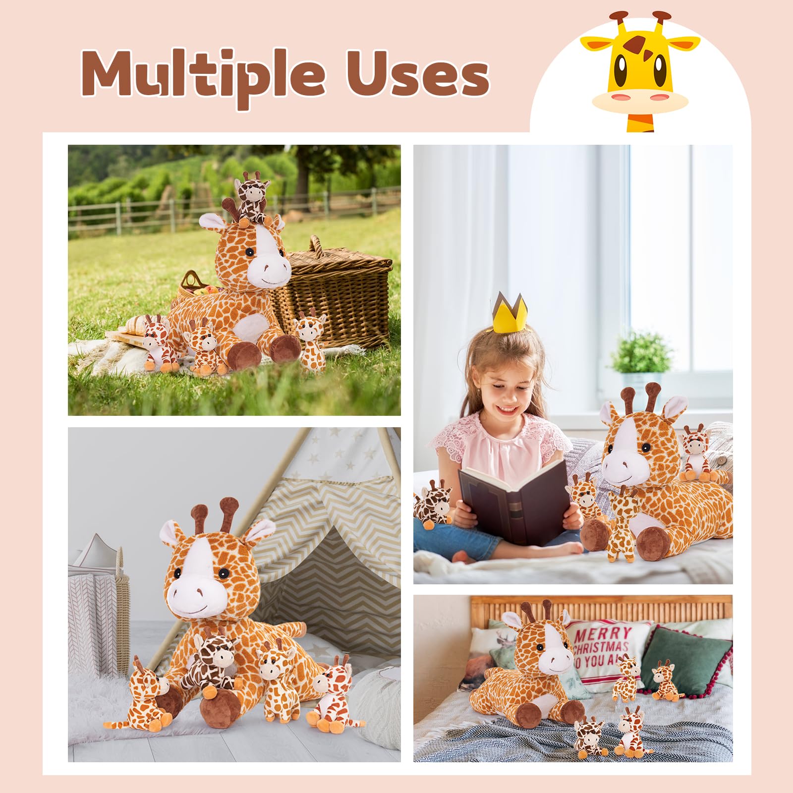 Muiteiur 5 in 1 Big Giraffe Stuffed Animals Set, 22 inch Large Mommy Stuffed Giraffe Plush with 4 Cute Small Giraffe Babies Toy, Soft Giraffe Plush Pillow for Boys Girls