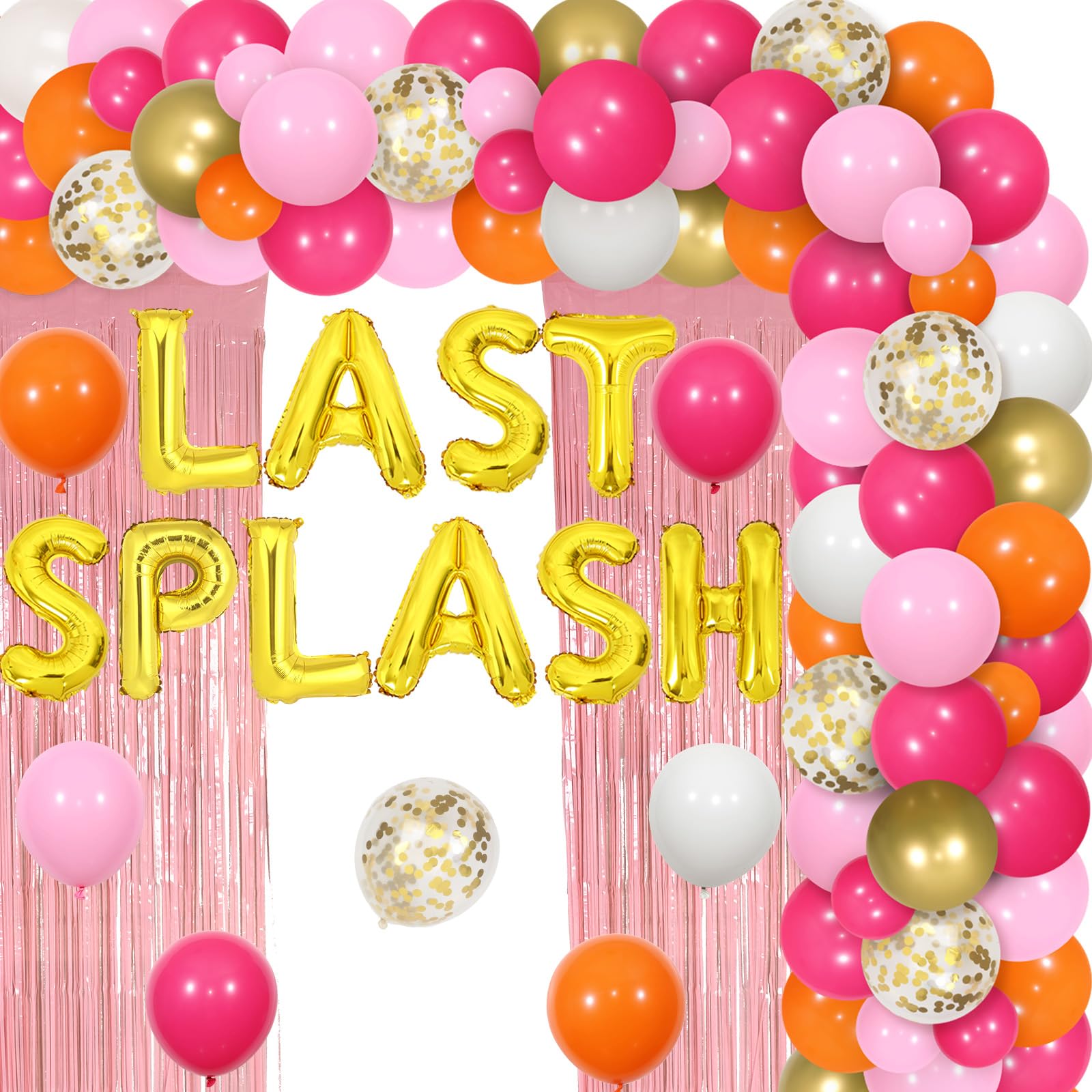 kreat4joy Last Splash Bachelorette Decorations Girl, Hot Pink and Orange Balloons Garland, Rose Gold Fringe Curtain Backdrop Last Splash Foil Balloons for Women Bridal Shower Engagement