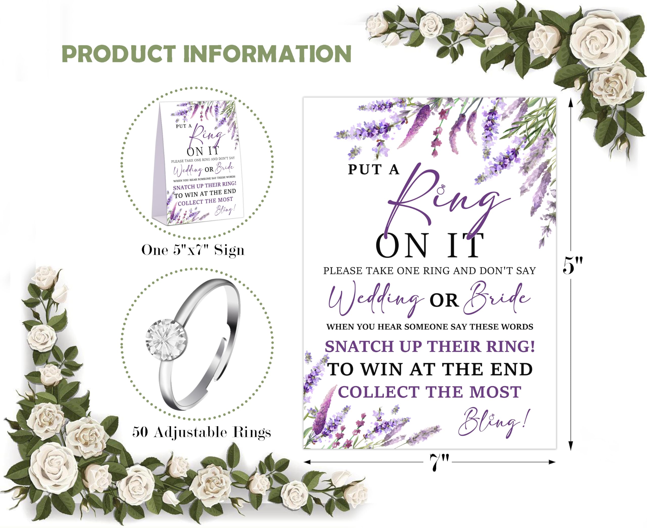 Lavender Purple Don't say Bride or Wedding Game, Put a Ring on It Bridal Shower Game with 50 Fake Rings, Bridal Shower Decorations, Wedding Shower or Bachelorette Party Supplies - 13