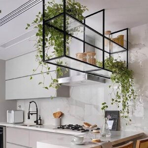 Drsyffsup Ceiling Hanging Shelves Floating Shelf Suspended Iron Art Wall Storage Shelving Display Rack in Kitchen Bar Indoor, Acrylic Glass Flower Plant Stand | Easy to Install (Size : 150x30x80cm)